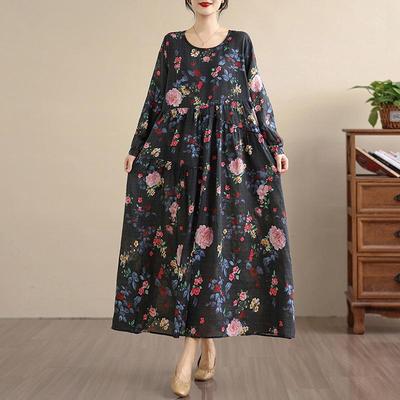 Lange mouw plus size Katoen vintage bloemen nieuw in jurken voor vrouwen casual losse lente zomer herfst jurk