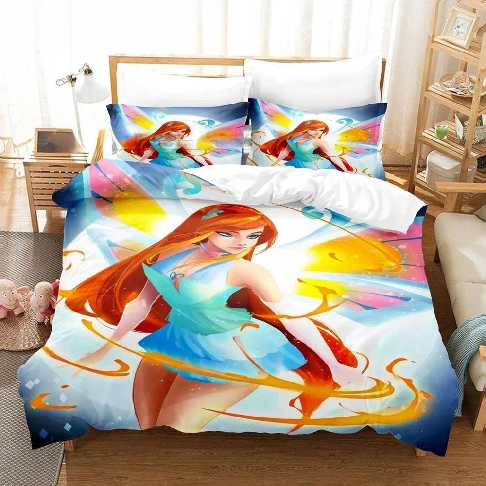 Anime W-Winx Club Bettbezug Kissenbezug Kindergeschenk Bettwäsche-Set für Erwachsene Jungen Mädchen Schlafzimmerdekoration Einzel Doppel Groß