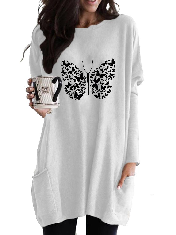 

Women s Long Tunic with Pockets Loose Fit Fashion Printed Logn Sleeve Top Women s Sweatshirt S белый