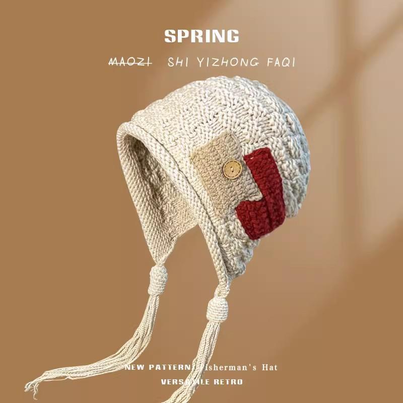 Trendy fringed warm hat women's autumn and winter handknitted pullover wool hat versatile ear protection hat tide