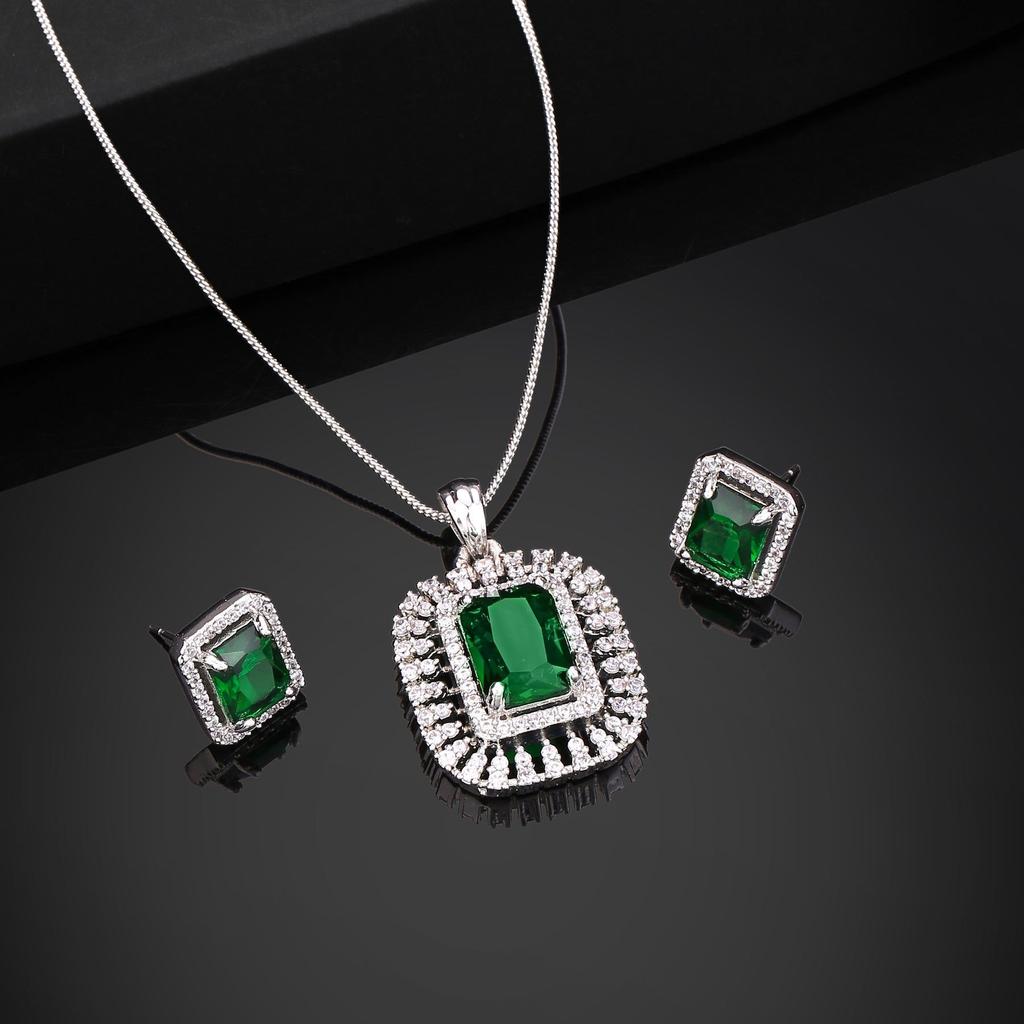 Estele Designer Square Pendant Set with Rhodium Plated CZ and Emerald Stone for Women