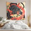 Black Panther Red Snake Fight Japanese Wall Tapestry Beige Background Wild Cat Serpent Bamboo Leaf Ukiyo E Art Bedroom