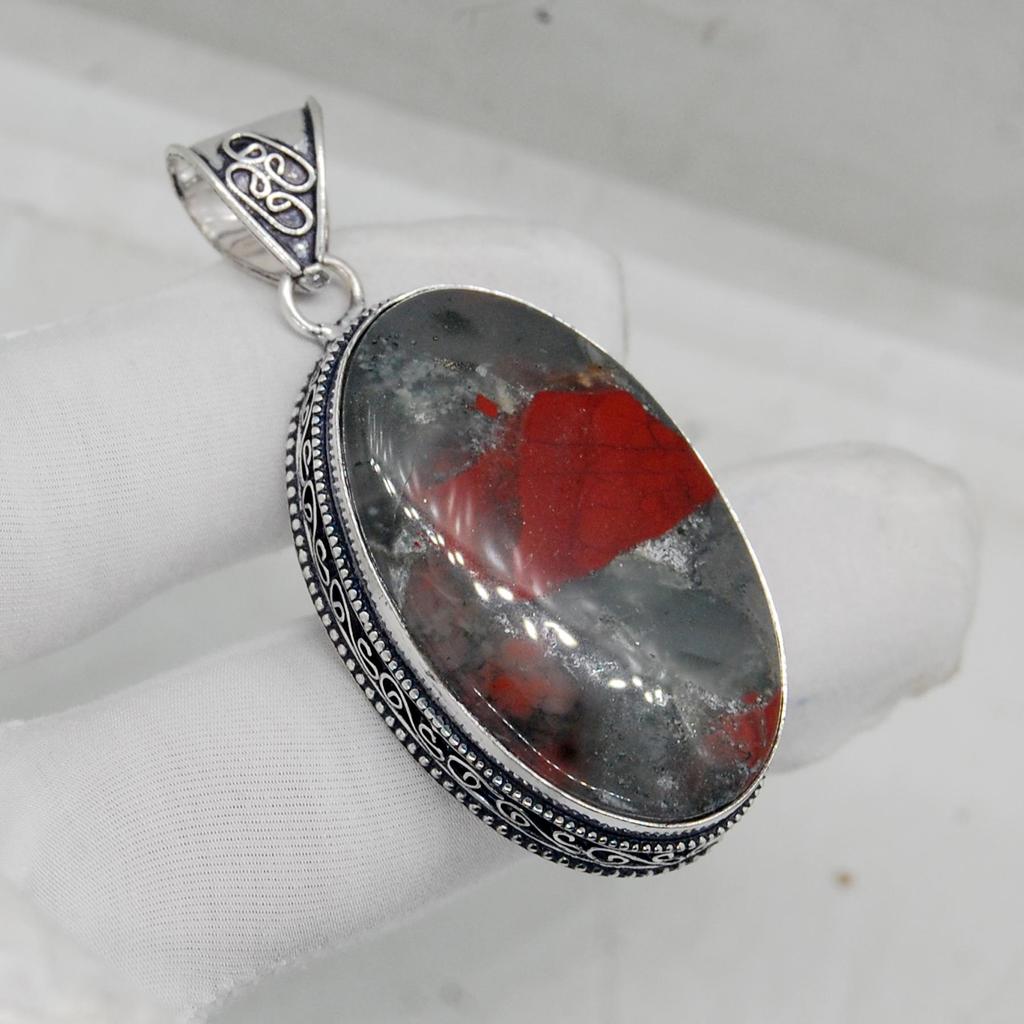 Huge Oval Cab Red Bloodstone 925 Sterling Silver Pendant Jewelry, Handmade Boho Style Pendant