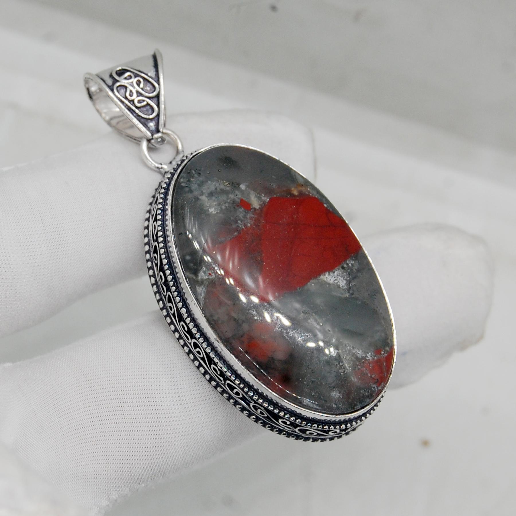 

Huge Oval Cab Red Bloodstone 925 Sterling Silver Pendant Jewelry, Handmade Boho Style Pendant