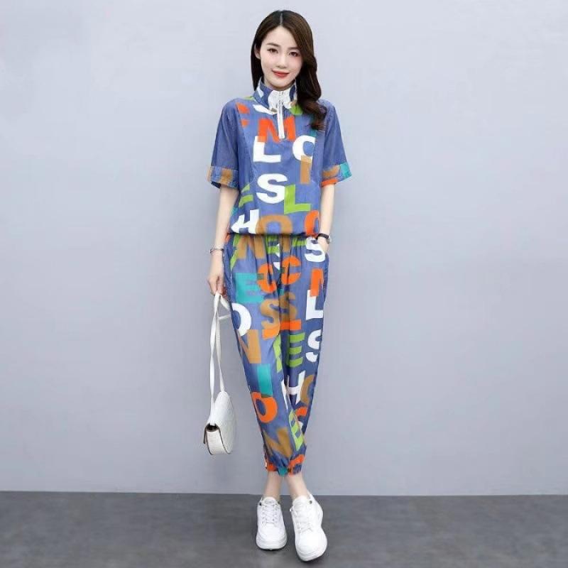 

Temperament, Fashion and Personality, Casual Printed Letters, Loose Thin Silk Denim Suit, Women s Summer Two-piece Set XL