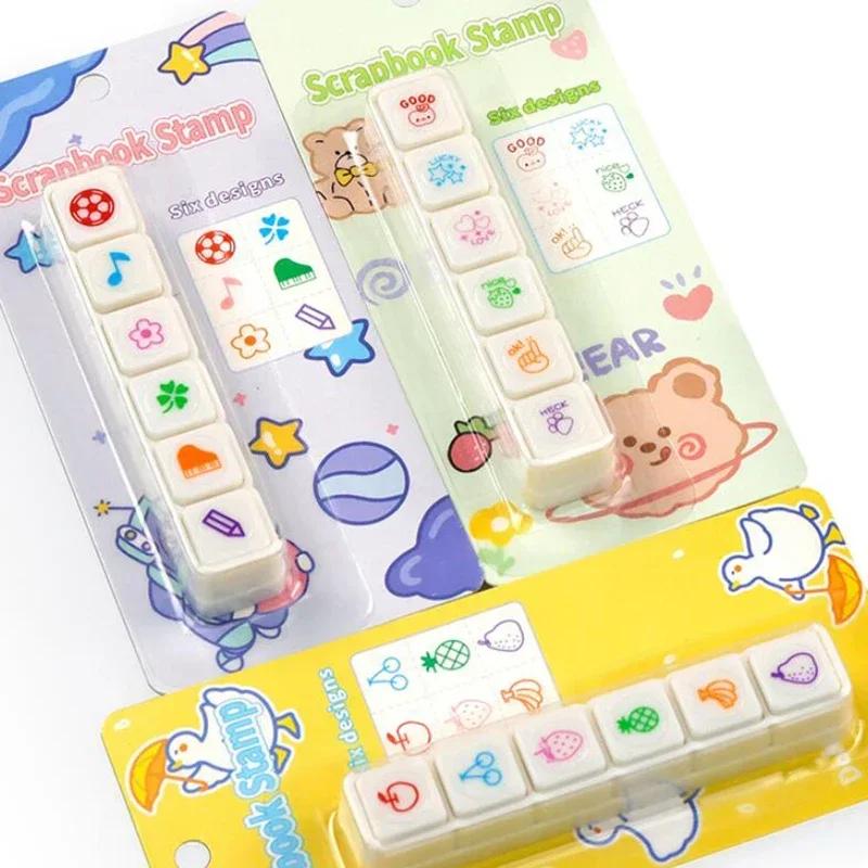 6pcs/set Kawaii Cartoon Stamps Self Ink Press Reward Stamps Kids Encourage Seal DIY Inkpad Art Crafts Korean Stationery Office