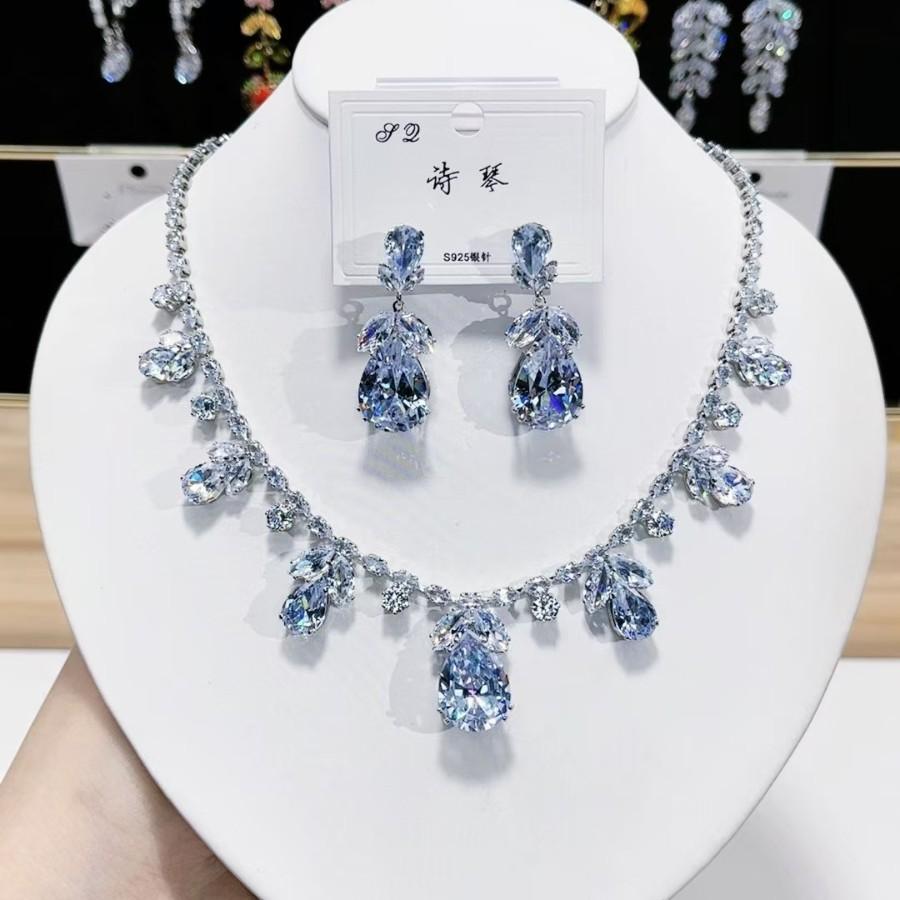 Luxury Waterdrop Pendant Jewelry Set Earring Pink Necklace For Women Bridal Wedding Exquisite Fashion Zircon Party Banquet Gift