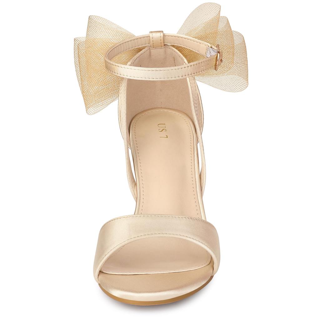 Allegra K Women's Mesh Bow Ankle Strap Open Toe Chunky Heel Sandals, Champagne, Size 23.5cm