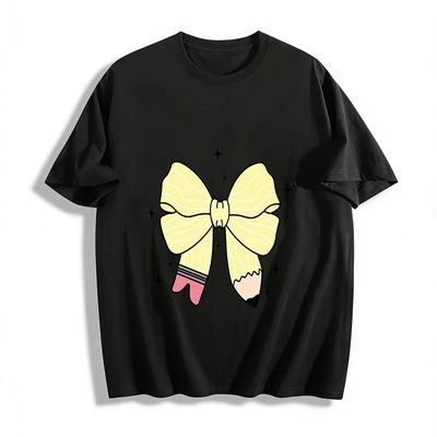 Cute Pencil Bow Print Casual Crewneck Top For Teens Pure Cotton T-shirt