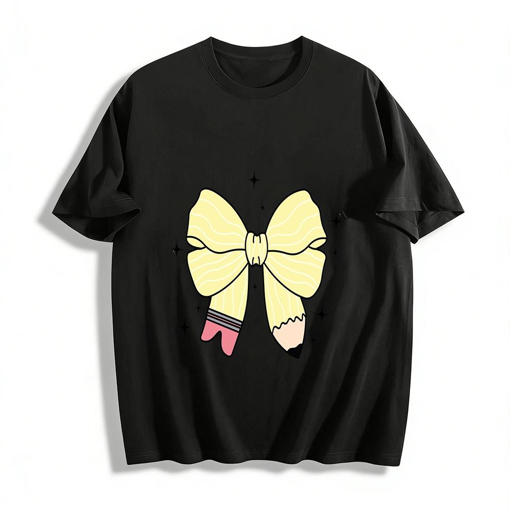 Cute Pencil Bow Print Casual Crewneck Top For Teens Pure cotton T-shirt XXS