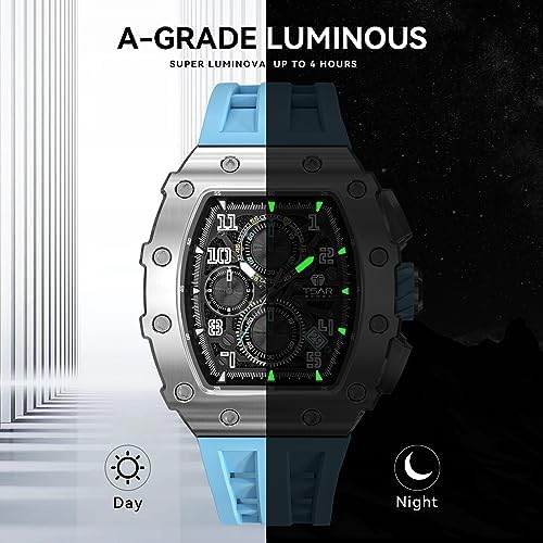 TSAR BOMBA Men's Luxury Tonneau Chronograph Watch 50M Waterproof Skeleton Day-Date Diving Sport Quartz Sapphire Crystal