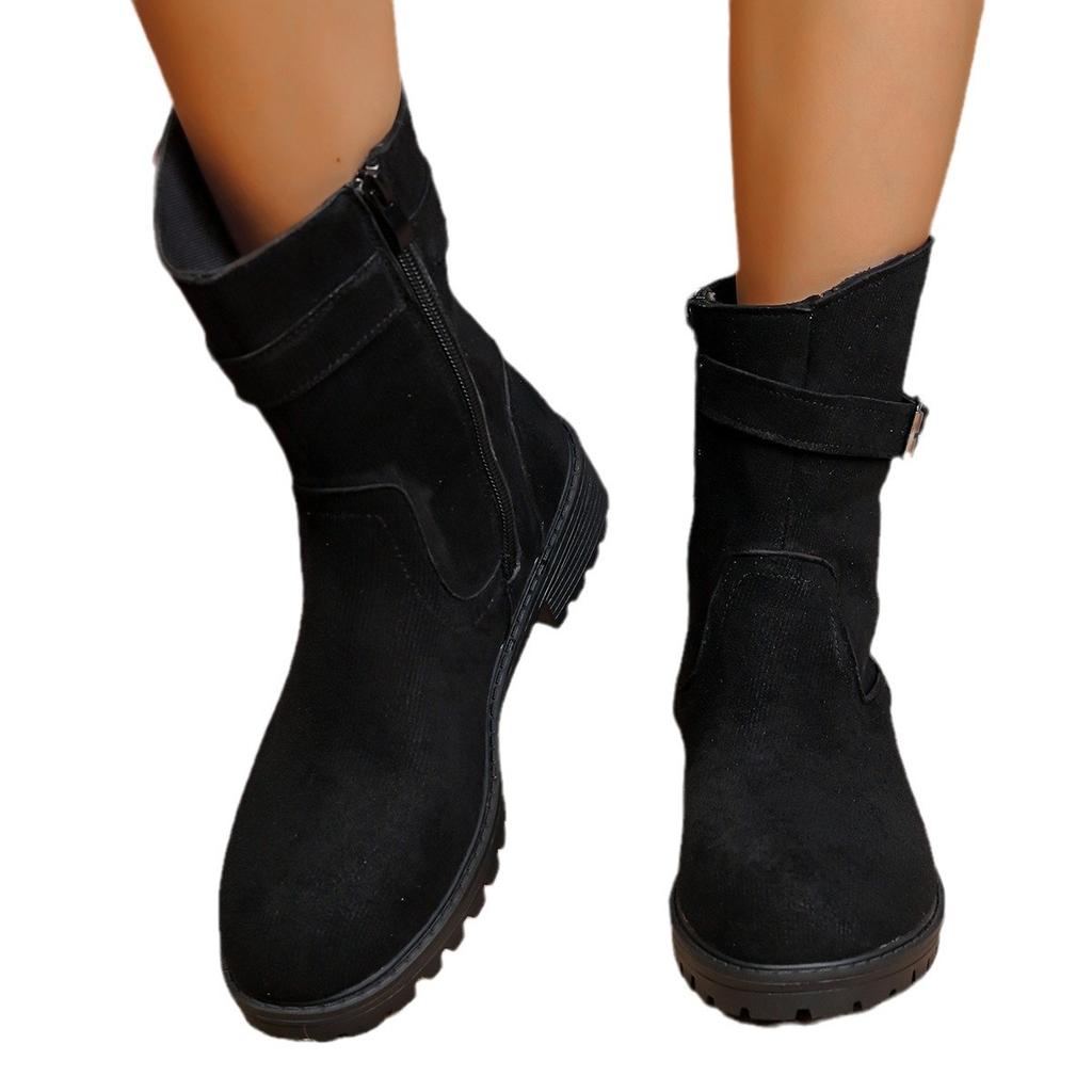 Autumn and winter new round head side zipper low heel large size short boots belt buckle Martin boots