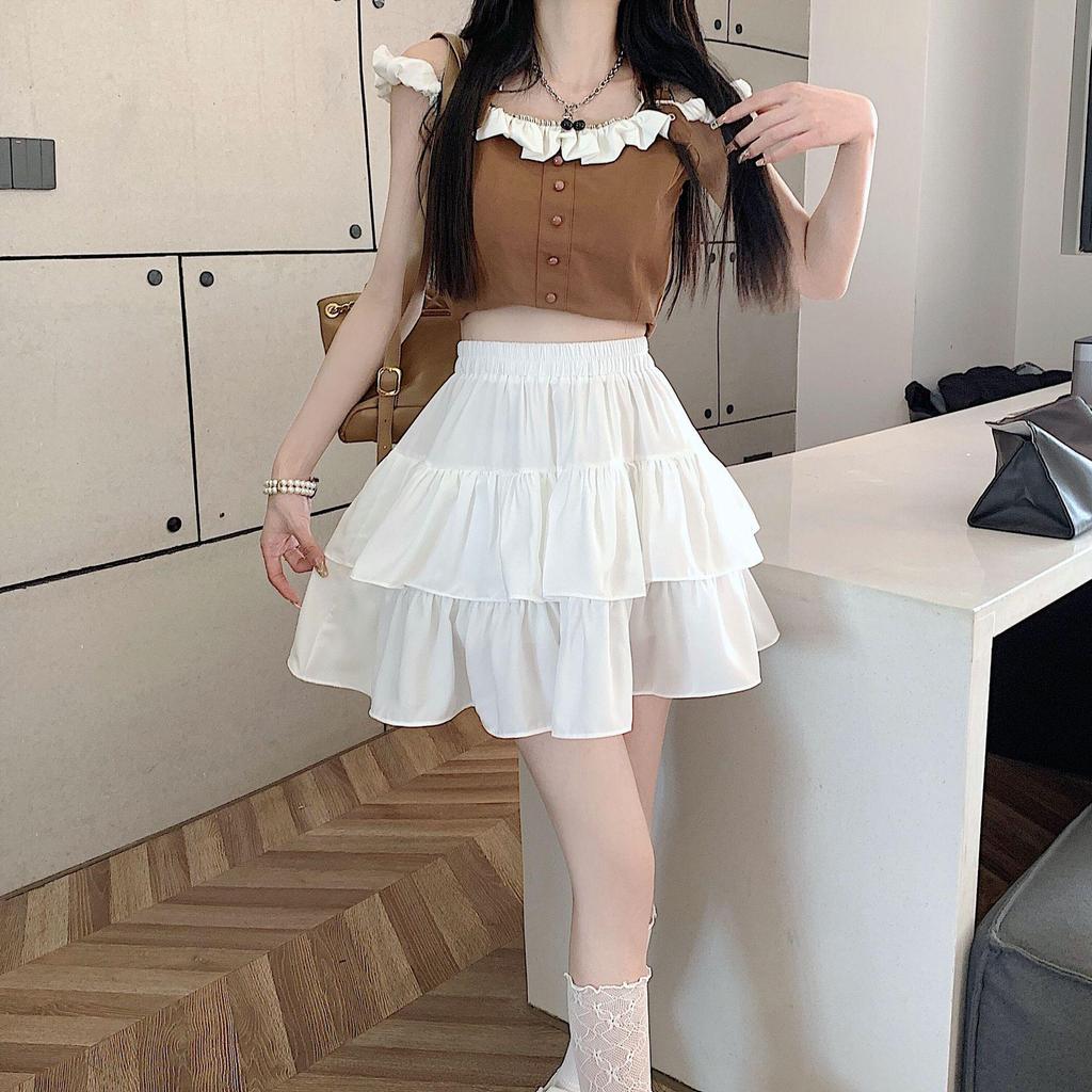 2025 Spring/Summer Women's High Waist Sweet Puff Double Layer Lace Skirt