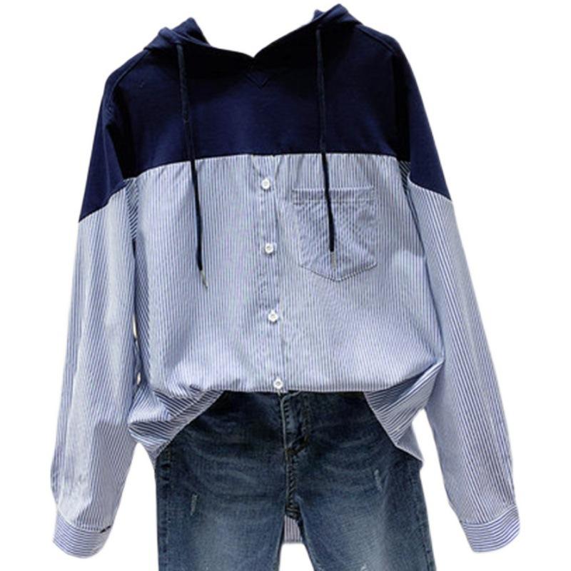 Spring and Autumn Women's Shirt Stripes Loose Hooded Sweatshirt Long Sleeve Splicing Blouse Tops
