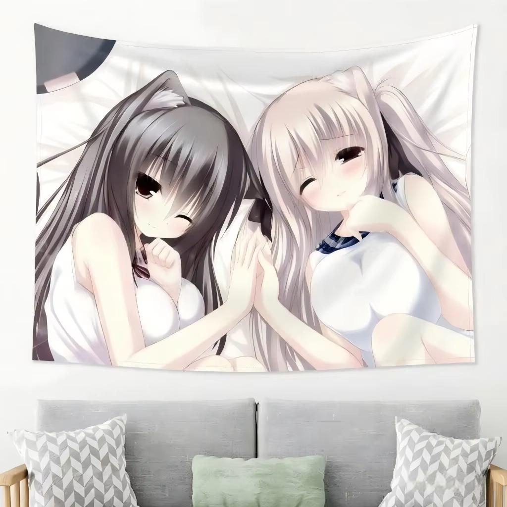 Black White Cat Ears Nekomimi Tapestry, Kawaii Anime Girl Wall Hanging Aesthetic Decor for Bedroom Dorm Living Room
