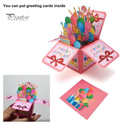 Alles Gute zum Geburtstag-Grußkarte mit Umschlag und Schreibkarte, süßes Kuchen-Kerzen-Ballon-Muster, bunte Segenskarten, kreative faltbare 3D-Box zum Geburtstag