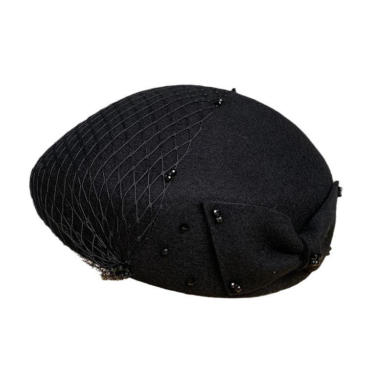 French British Retro Woolen Top Hat Autumn And Winter Bow Mesh Yarn Hat Styling Bud Hat Female Elegant Stewardess Hat