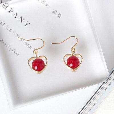 Minimalist Red Agate Heart-Shaped Drop Earrings: European & American Style, Hollow Design for Women