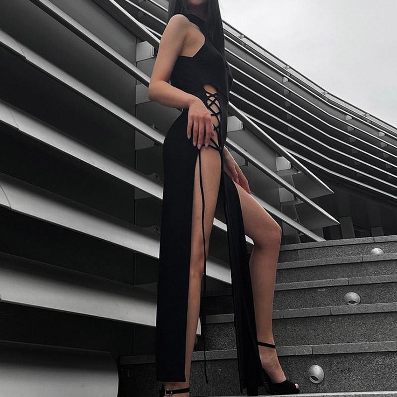 Goth Dark Cosplay Hoher Schlitz Sexy Bandage Damenkleider Y2K Mall Gothic Neckholder Slim Midi Kleid Schwarz Grunge Stil Alt Partykleidung