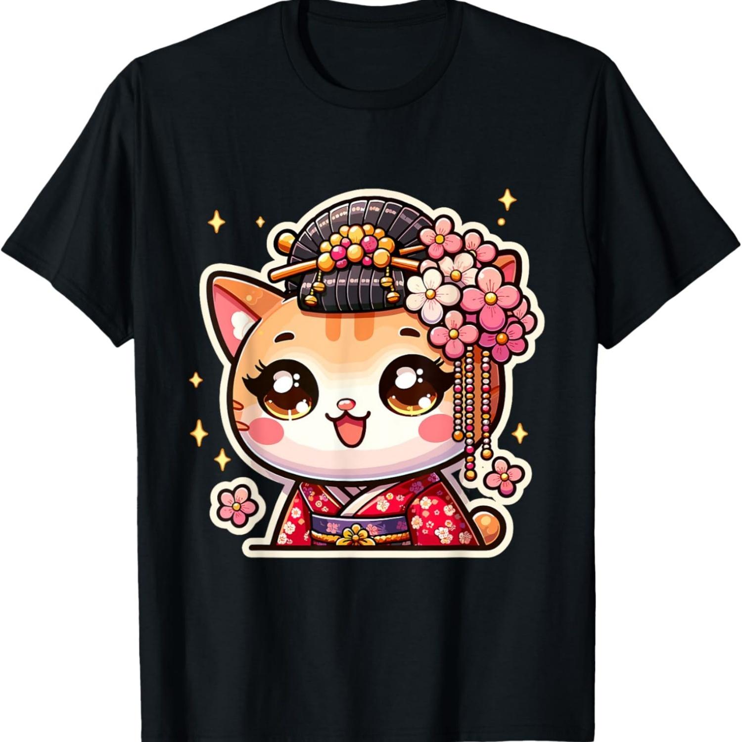 

Geisha Kitty Cat - Sakura Cherry Blossom - Geisha T-Shirt for Men Women Kids S чёрный