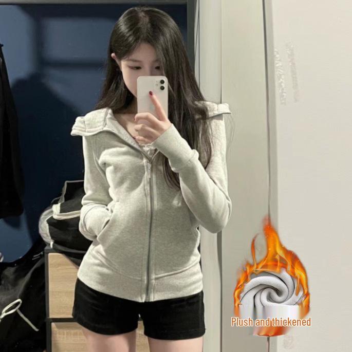 

Женская серая приталенная куртка с капюшоном и флисовой подкладкой - Толстый спортивный кардиган на осень/зиму M (45-52.5 kg)