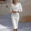 Elegante Abito Lungo da Donna alla Moda con Maniche a Pipistrello, Colore Unito, Collo Alto, Arricciato