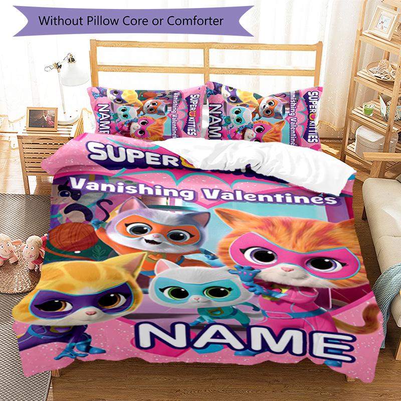 3pcs Super Kitties Adventures1 Cover Set - Personalized Name, HD Printed Bedding with 1 Cover and 2 Pillowcases - Perfect for Home Decor, Easy C