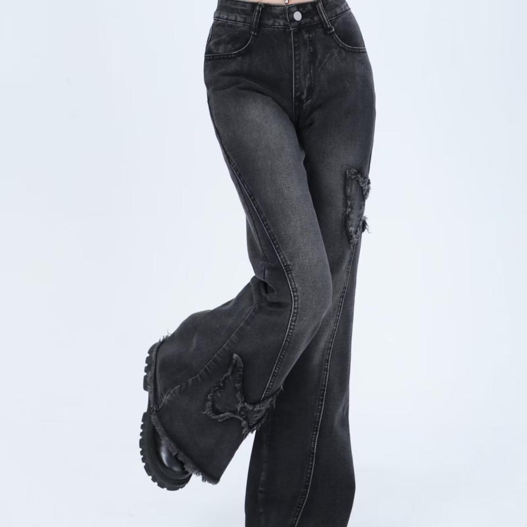 Plus Size Butterfly Embroidery Flare Jeans - Women's Summer Streetwear Slimming Wide-Leg Pants