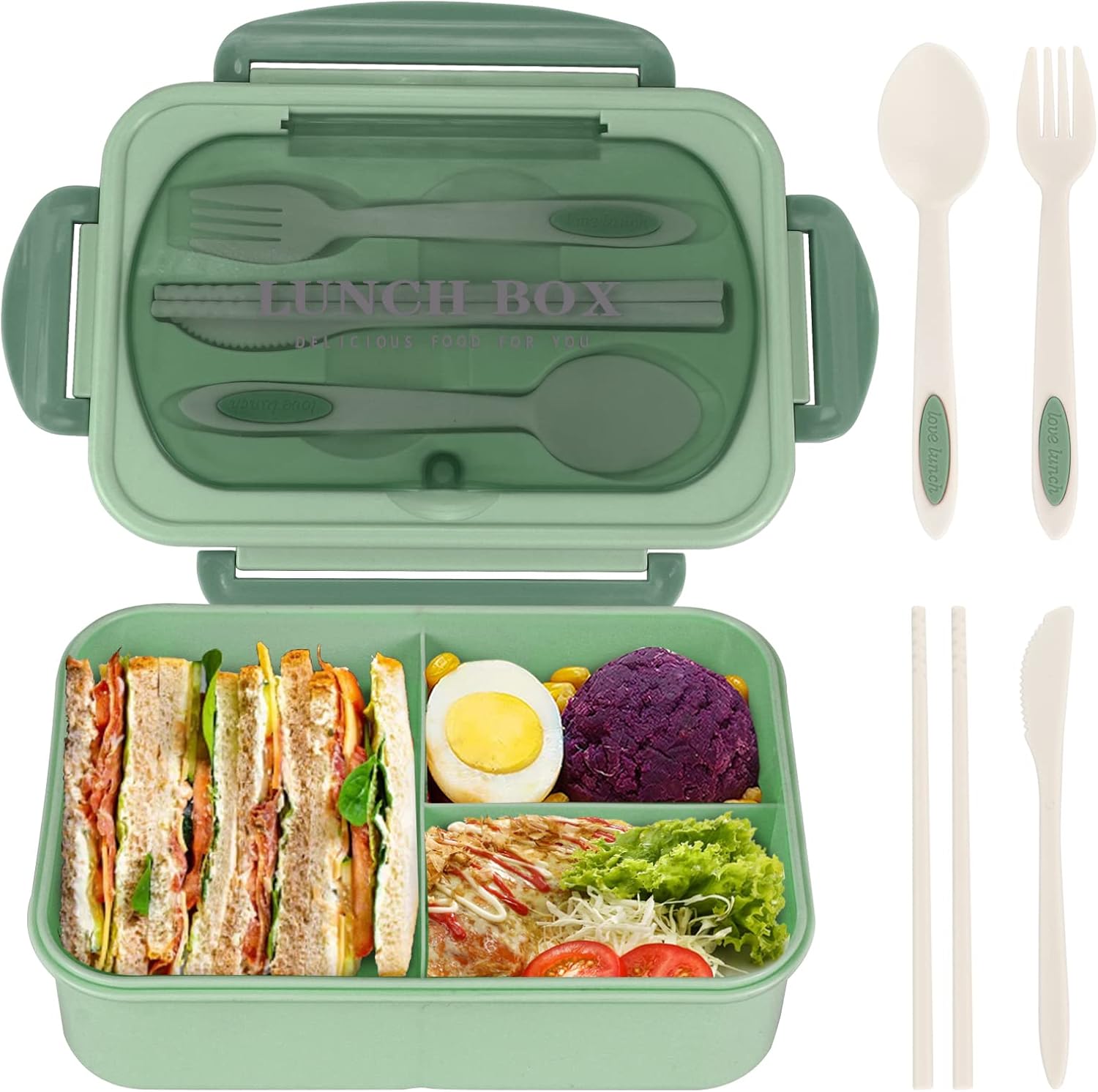 1200ML Lunch Bento Box for Adults Office Worker Picnic LeakProof Lunch Box with Utensils 3 Compartment Bento Box Microwave Safe 3&1200ML&1