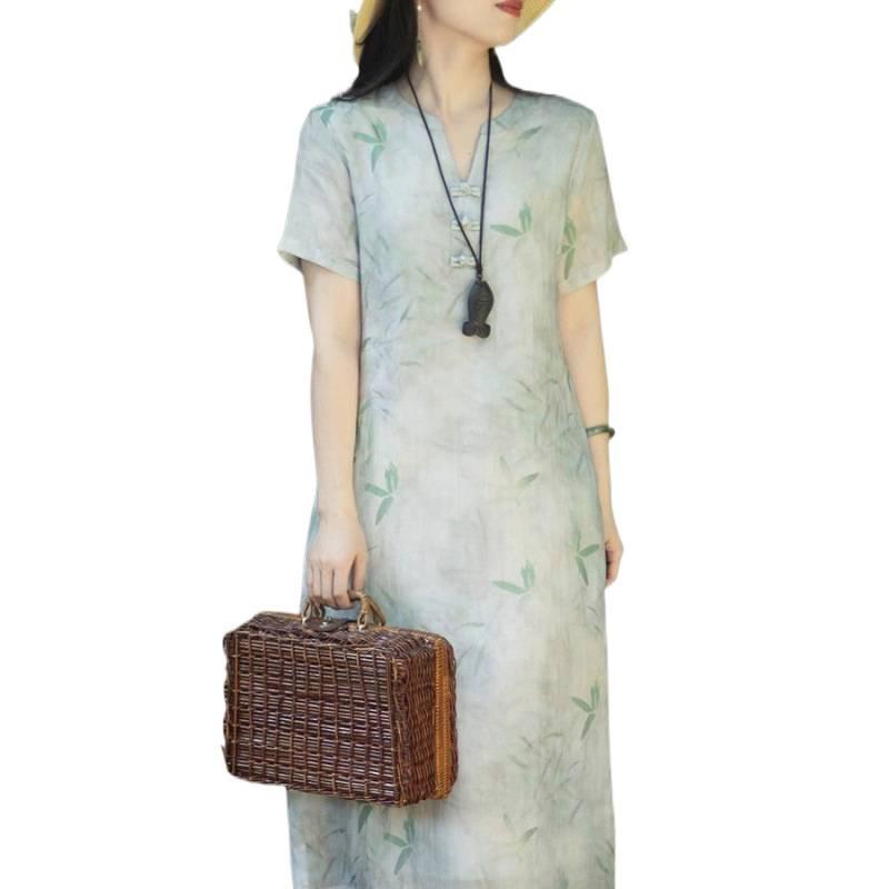 V-neck A-line Dress with Literary Bamboo Leaf Print and Frog Buttons