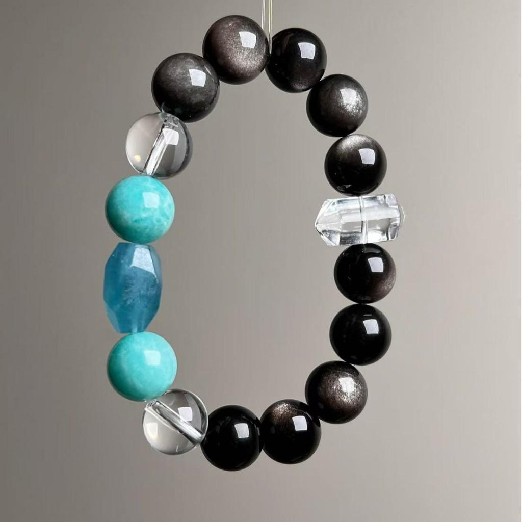 Silver Obsidian & Aquamarine Crystal Unisex Qi Focus Bestseller