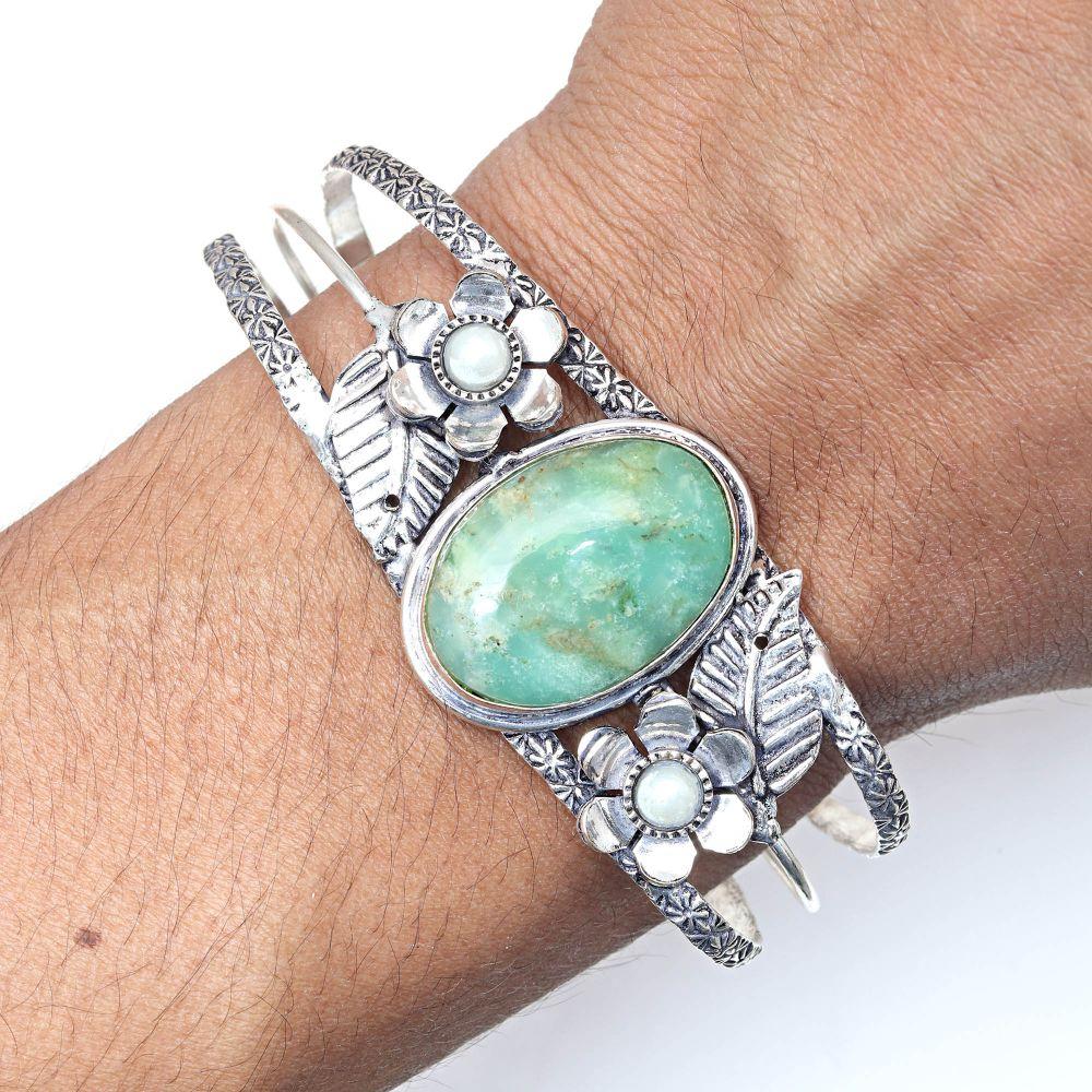 Chrysoprase Gemstone Antique Silver Jewelry Cuff Bracelets 7''Adjustable