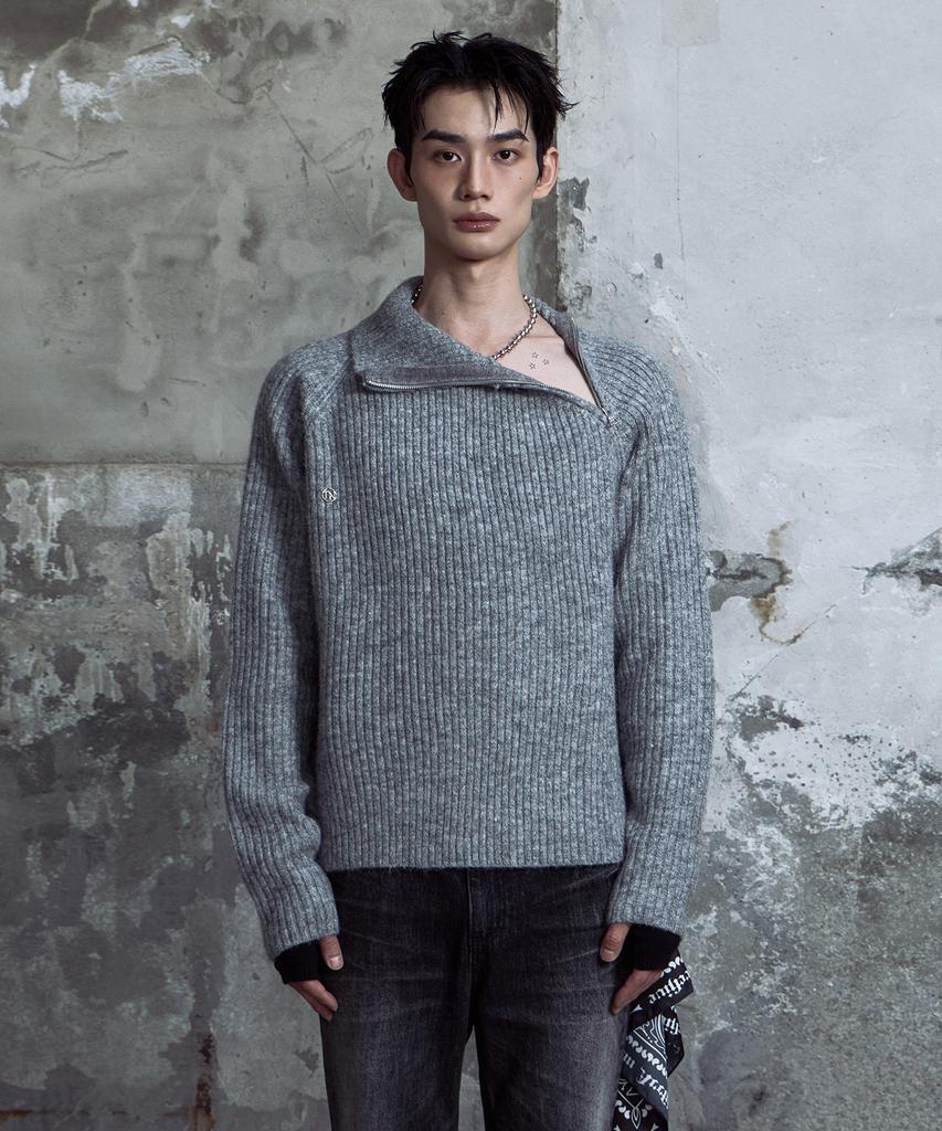 LANARCHIVE [0091] Shoulder Zip-Up Ribbed Knit - Gray