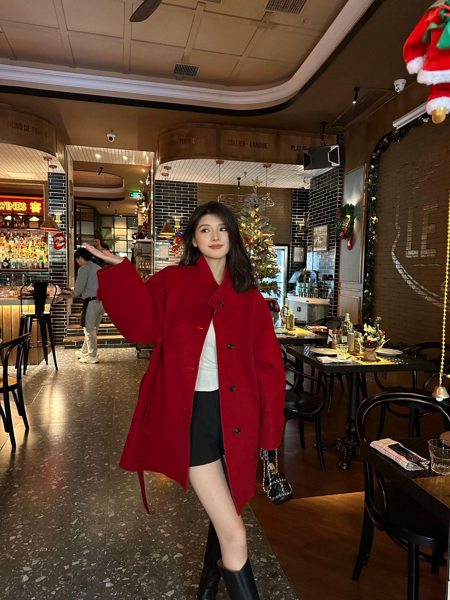 

Осенне-зимнее двустороннее шерстяное пальто средней длины, маленькое, повседневное, с темпераментом, со стойкой M 125-77.5kg красный