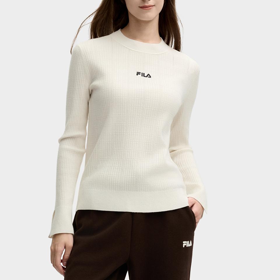 FILA Heritage Series Comfortable Skin-Friendly Soft Round Neck Long Sleeve Knit Sweater Women tops Cloud-Mushroom-White F11W518405F-WT