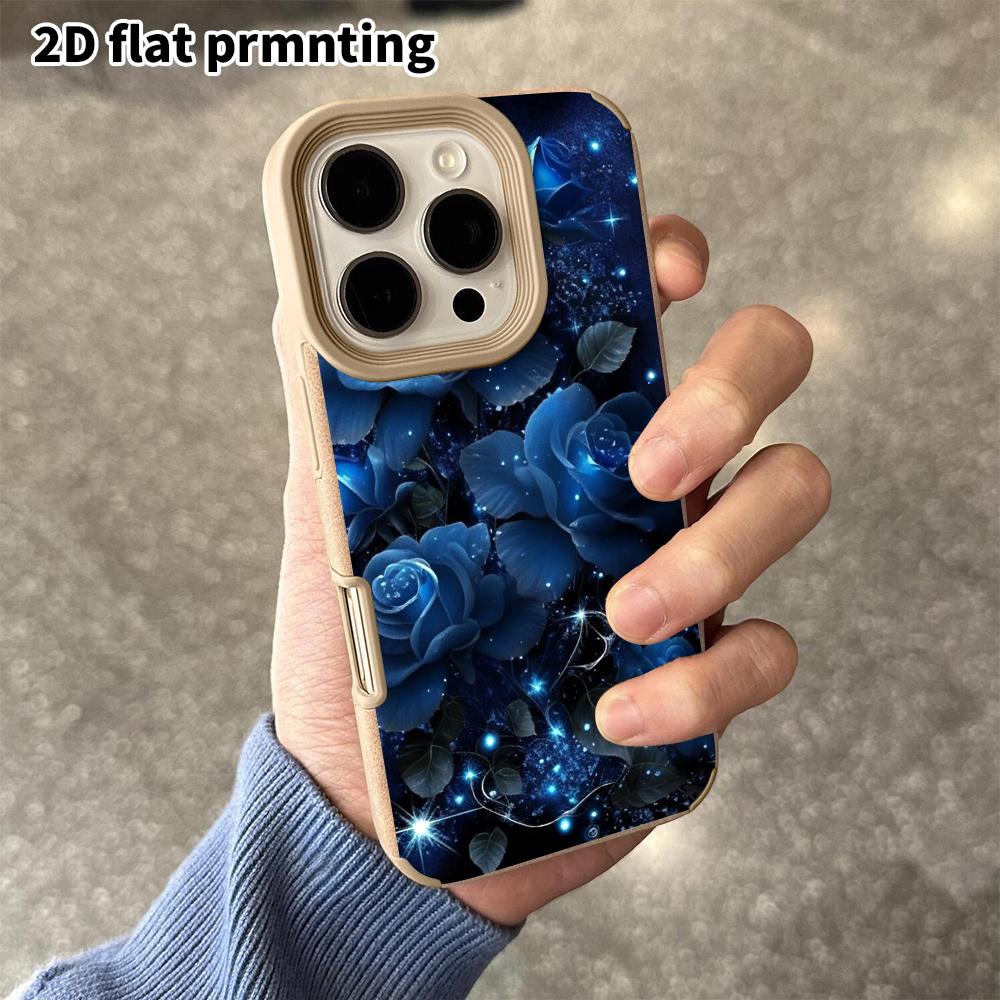 Phone Case: 2D Flat Lambskin Suitable for iPhone 18 17 16 15 14 13 Pro, Glowing Blue Rose, Christmas and Halloween Gift