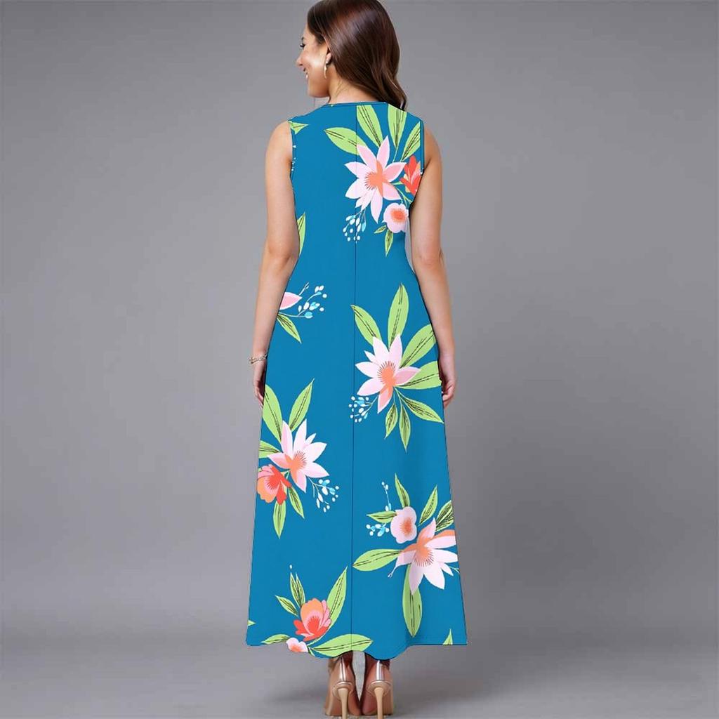 Oversized Female Sleeveless Round Neck Dress Fresh Tiny Floral Printed Loose Mid Length Outfit