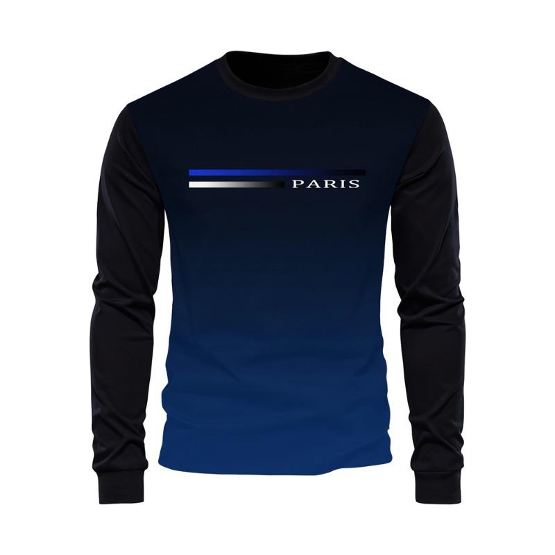 Men's Spring And Fall Fashion Casual Long-sleeved T-shirt Loose PARIS Letters Printed Pullover Round Neck Long Sleeve Sweatshirt