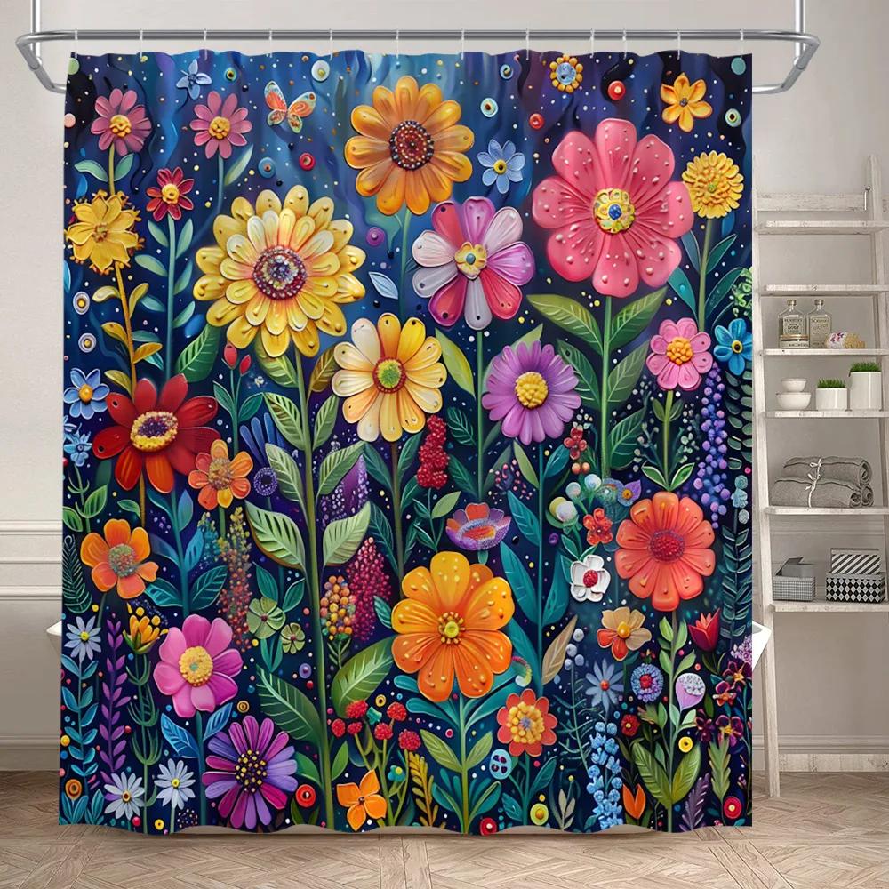 Floral Shower Curtains Boho Flowers Plant Watercolour Art Modern Polyester Fabric Bathroom Curtain Bathtub Decor Set With Hooks