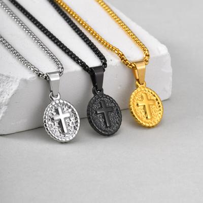 Vnox Dainty Christian Cross Necklace for Men Women, Stainless Steel Oval Pendant Box Chain, Faith Charm Religious Jewelry Gifts