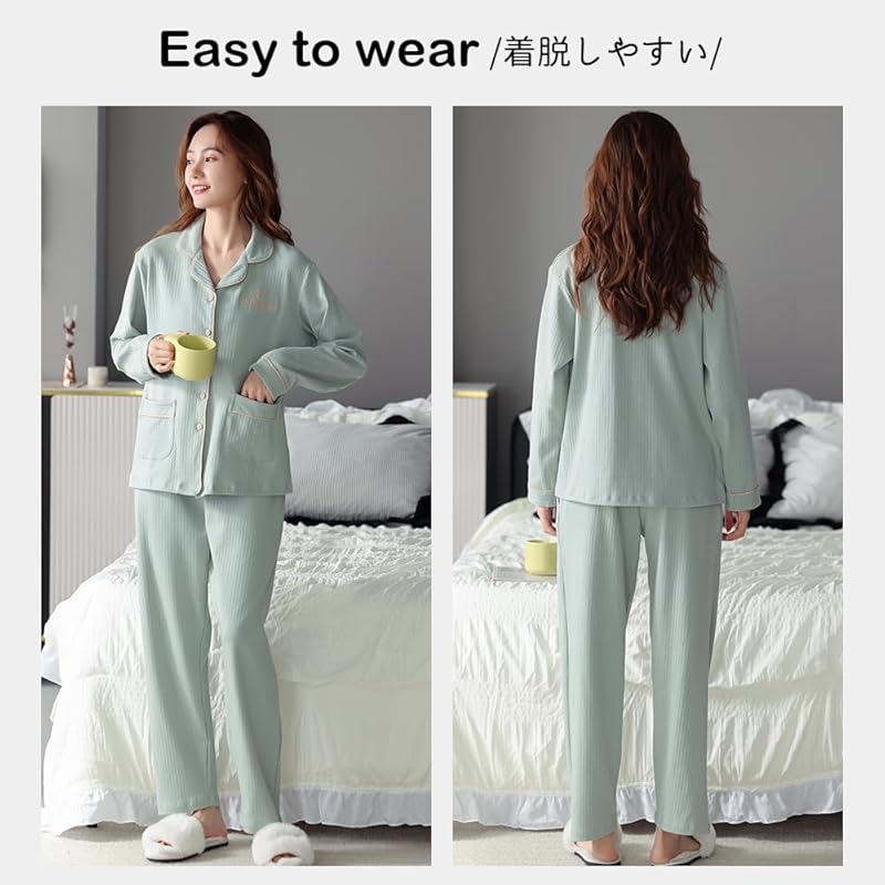 [Akihee] Zimmer tragen Damen Top und Bottom Set 100% Baumwolle Baumwolle Frühling Sommer Herbst Langarm lange Hosen Frontöffnung Pyjama hautfreundlich Schweiß