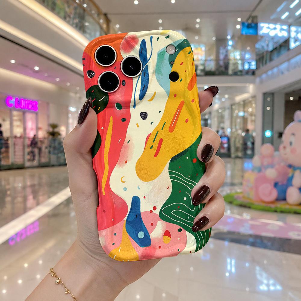 Abstract Color Block Doodle Phone Case For iPhone 17 16 15 14 13 12 11 Pro Max Plus Wavy Edge Protective Cover
