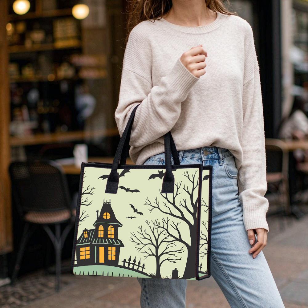 Halloween Spooky House Tote Bag Cute Bat Print Fashion Portable Casual Shopping Handbag