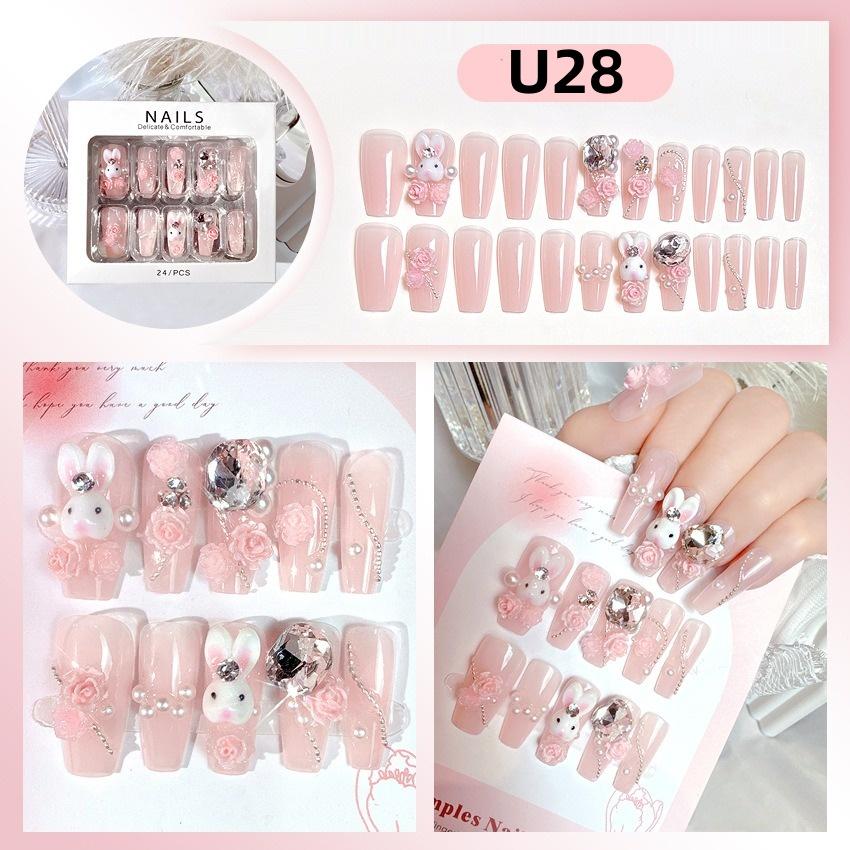 White Blue Color 3D Rabbit Star Rhinestone Designs-Full Cover Acrylic False Nails for Women and Girls Detachable Long Fake Nails