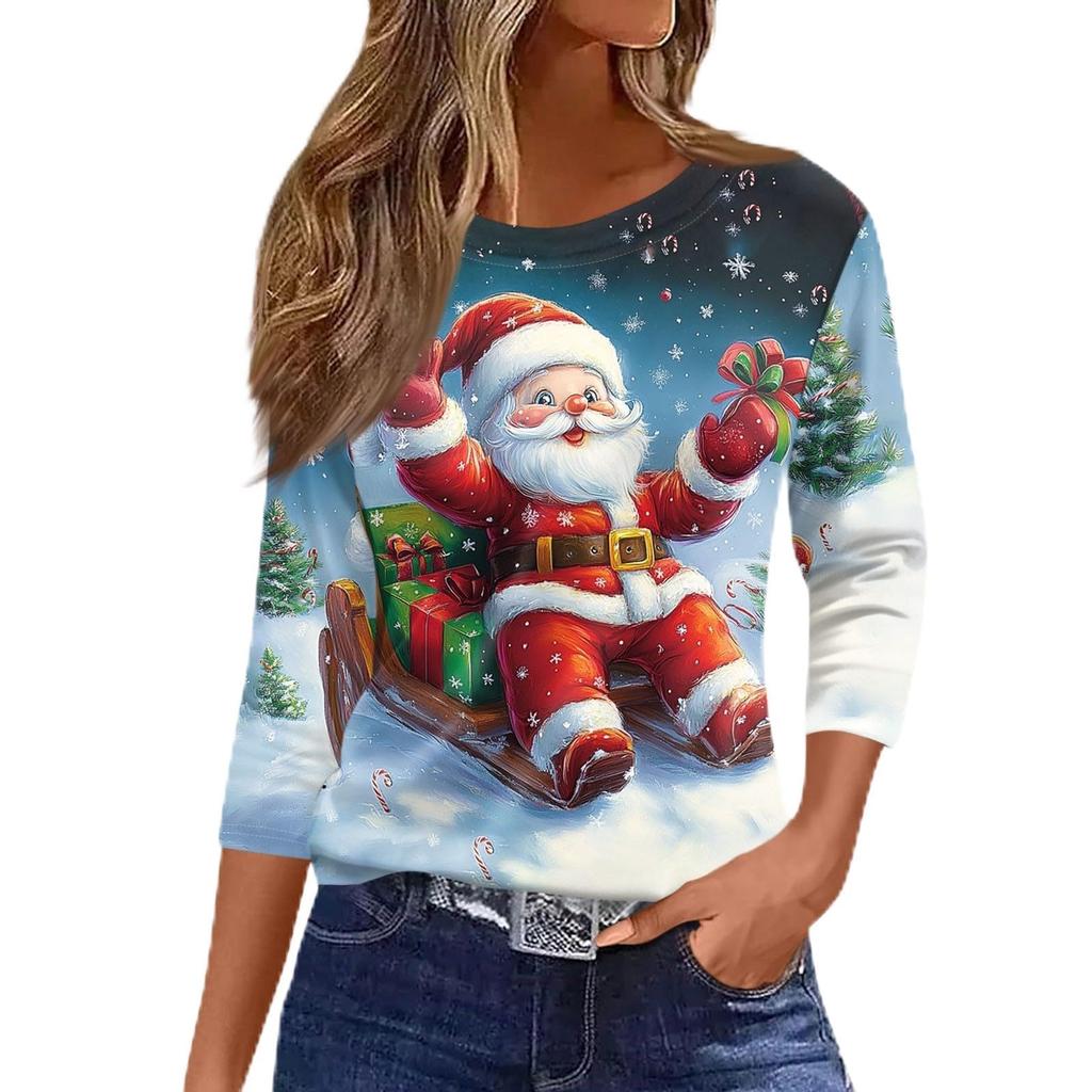Women's Snowman Printed Christmas Theme Round Neck Long Sleeve T-shirt Casual Polyester Christmas Party Pullover