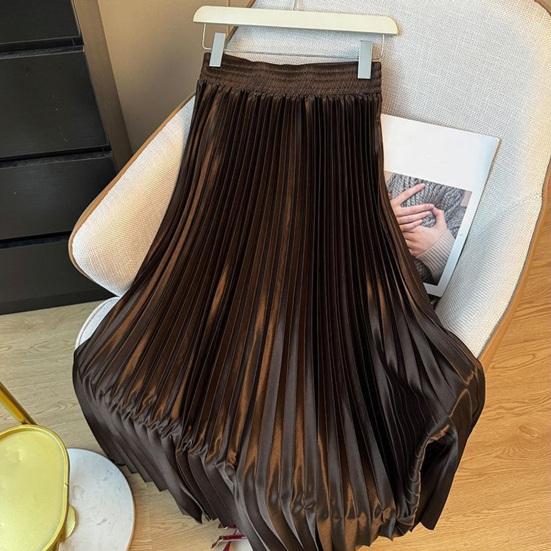 Maxi Skirt High Waist Glossy Long Skirt Solid Color Pleated Design Large Hem Dance Skirt Work Leisure Daily Wear
