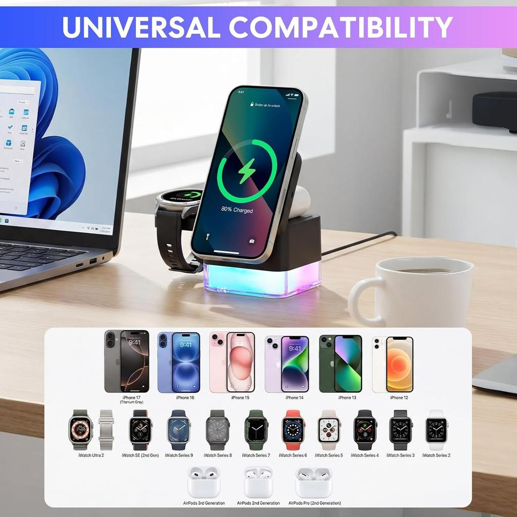 Magnetic Wireless Charger 15W Foldable Fast Charger Stand with Night Light for iPhone 17/16 Apple Watch Ultra/SE/9/8/7AirPods 3/2/Pro 2
