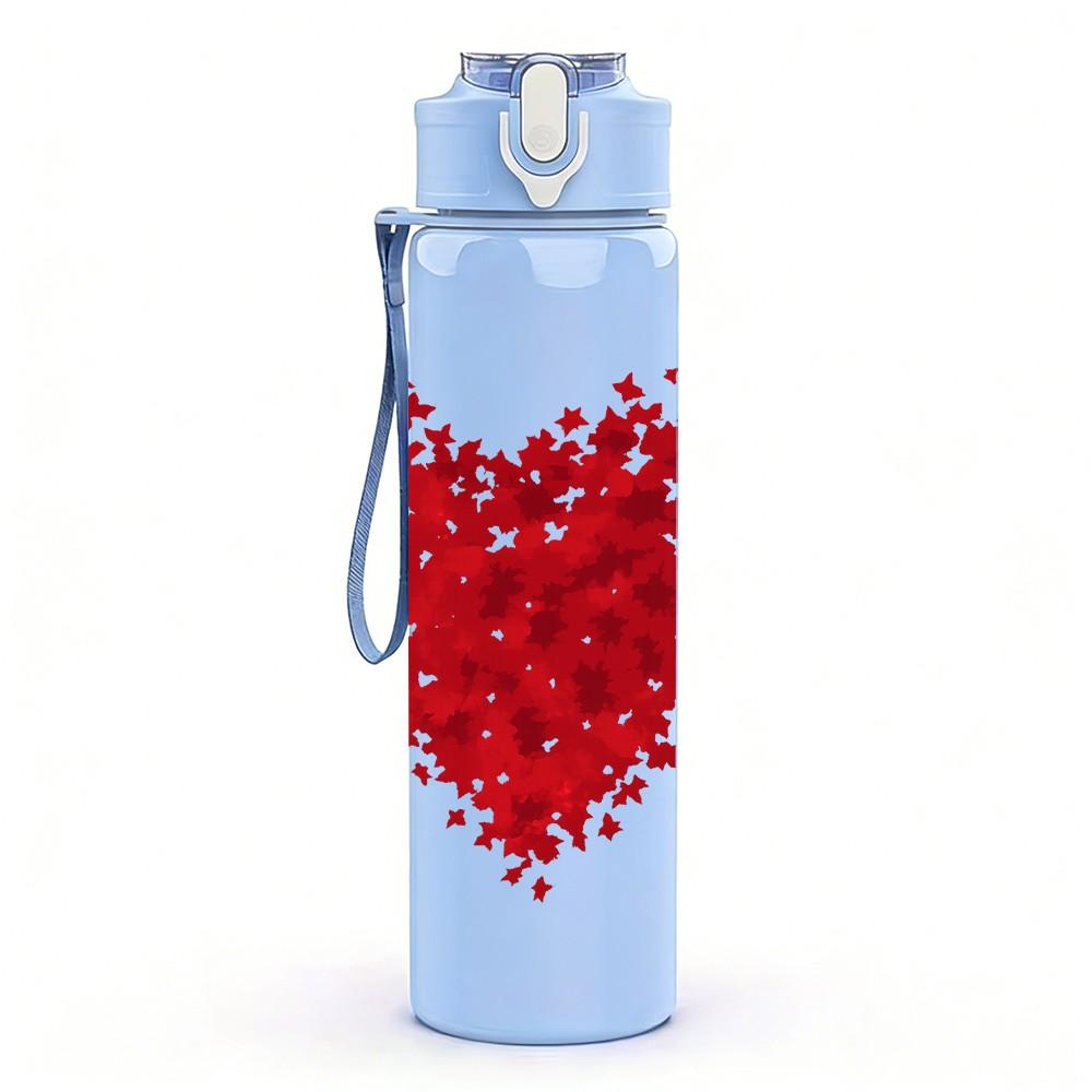 1PC Scattered Red Heart Texture Print 750ml Color Plastic Sports Water Bottle Leakproof Flip Straw Lid Suitable for Sports Office Home Use