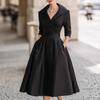 Women's Collared V Neck Long Sleeve Midi Dress Slim Fit Elegant Pleated A Line Formal Swing Dress