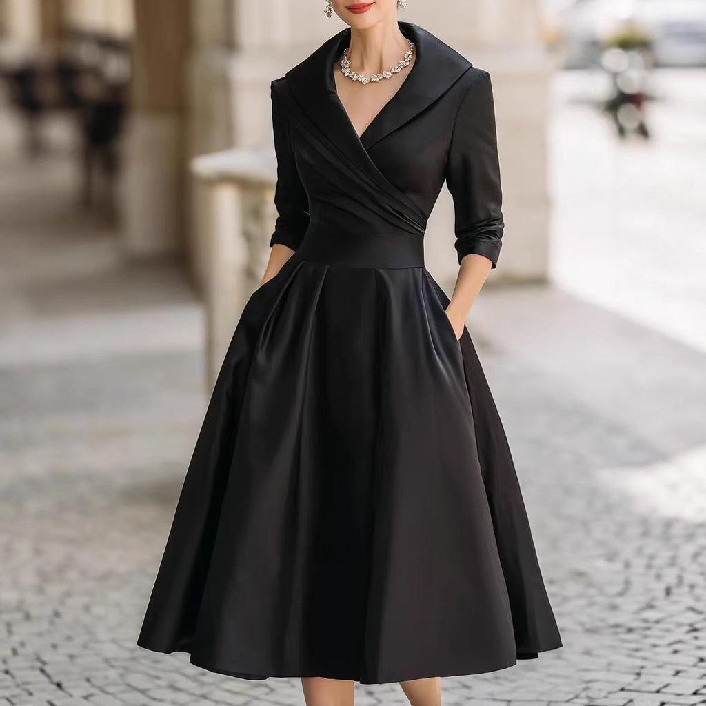 Women's Collared V Neck Long Sleeve Midi Dress Slim Fit Elegant Pleated A Line Formal Swing Dress